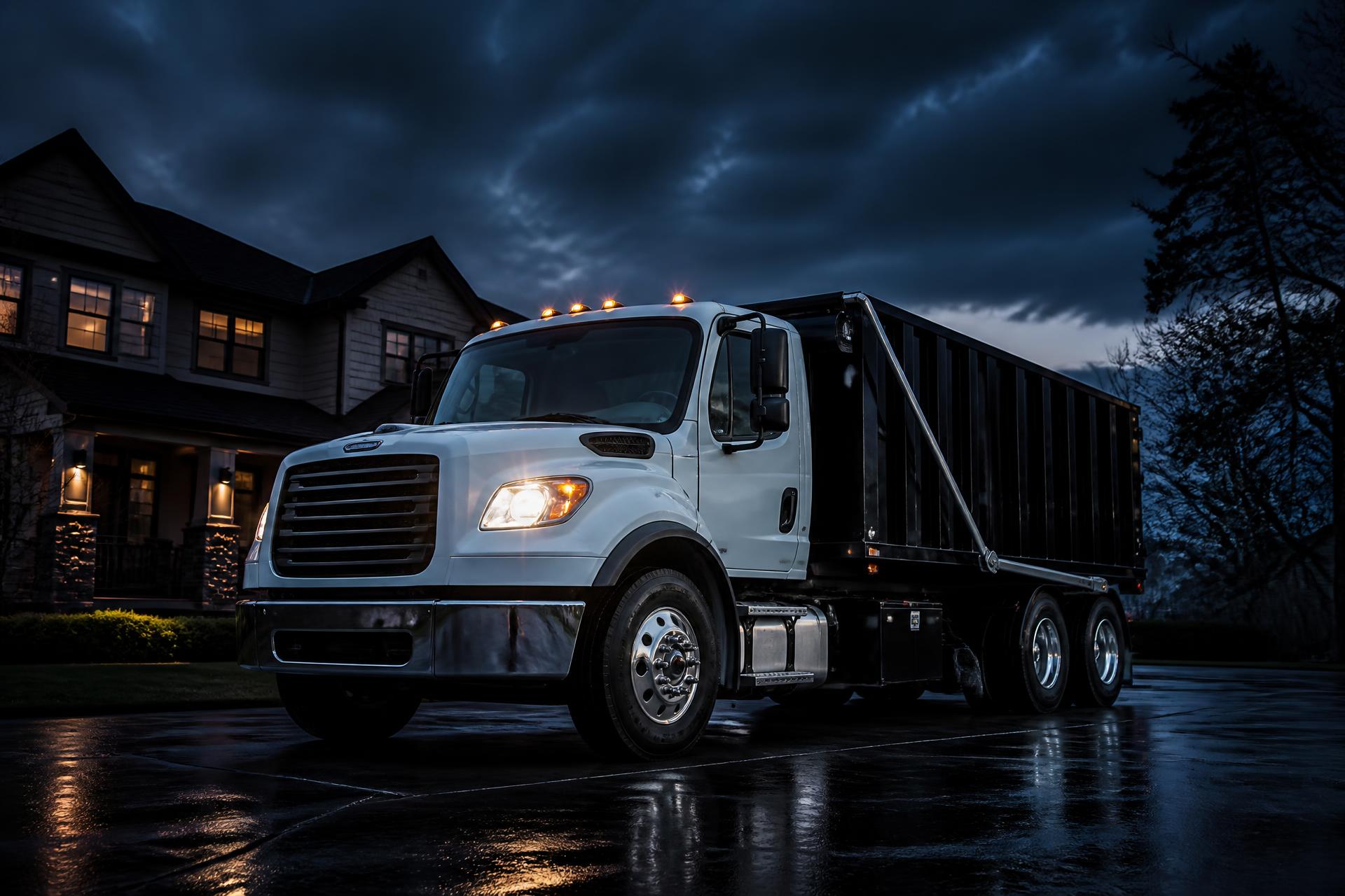 Roll-off dump truck parked on a Long Island driveway at dusk